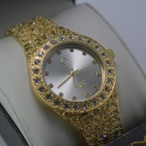 Mens 14K Gold Plated Iced Out Nugget Watch